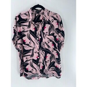 Women's Audrey Lane Face Print Short-Sleeve Button Up Top Size 1X
